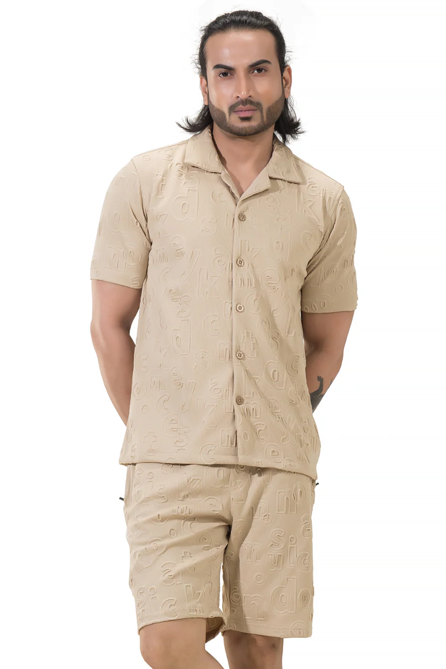 Peppy Pair Embossed Beige Half Sleeves Shirt & Shorts Co-Ord Set - Image 7