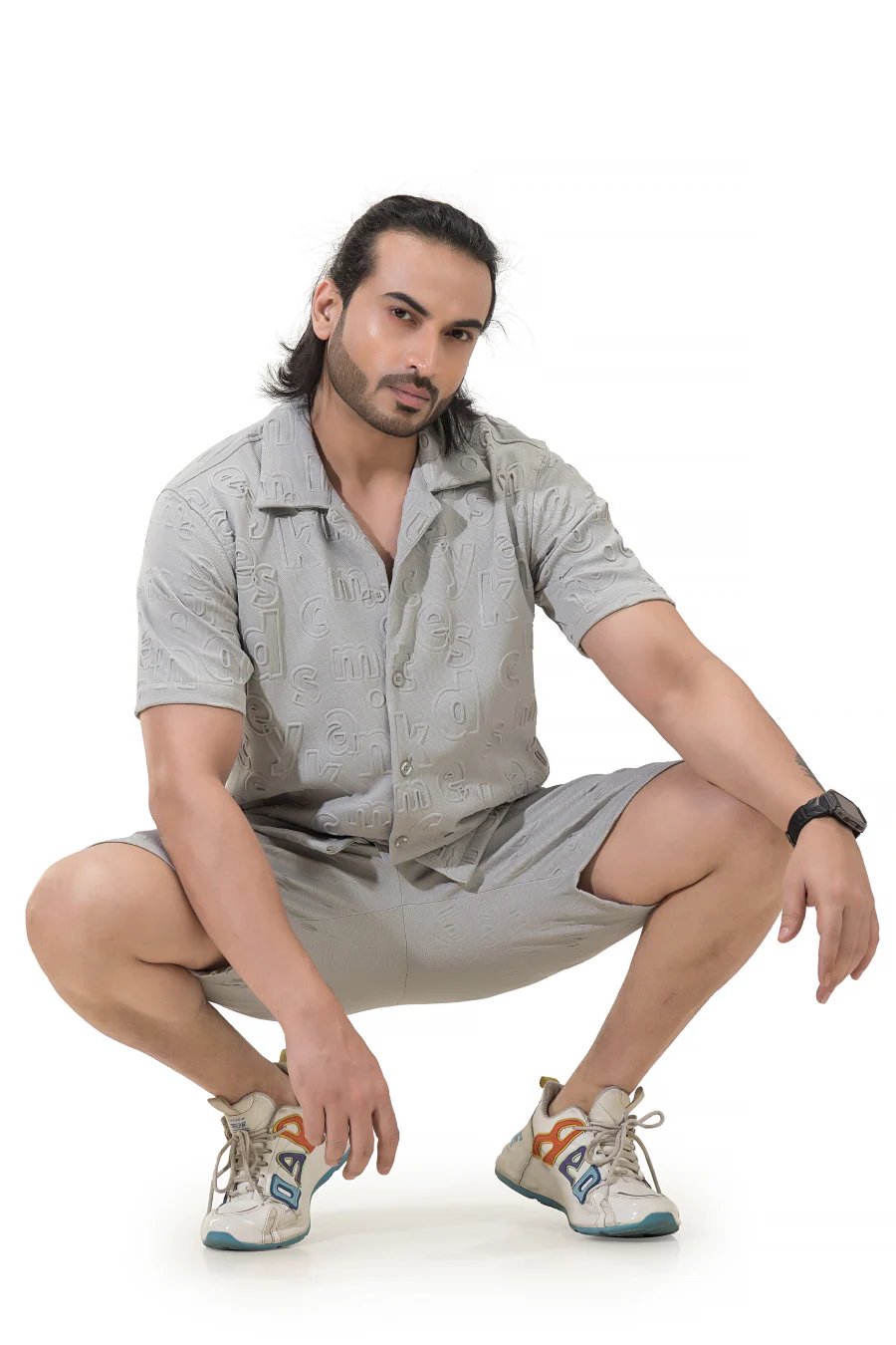 Peppy Pair Embossed Grey Half Sleeves Shirt & Shorts Co-Ord Set - Image 6