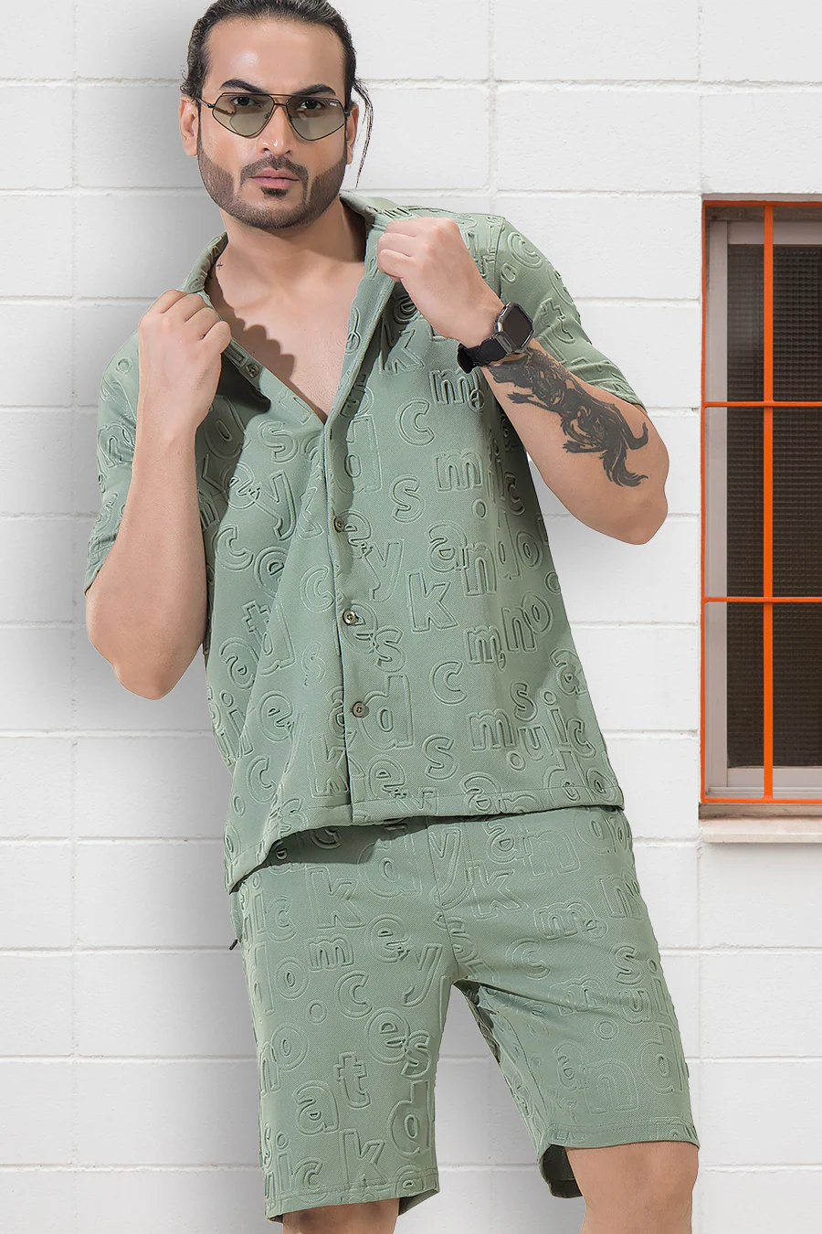 Peppy Pair Embossed Olive Half Sleeves Shirt & Shorts Co-Ord Set