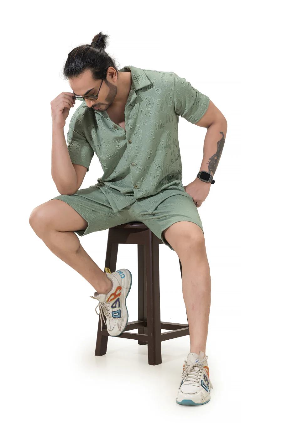 Peppy Pair Embossed Olive Half Sleeves Shirt & Shorts Co-Ord Set - Image 4