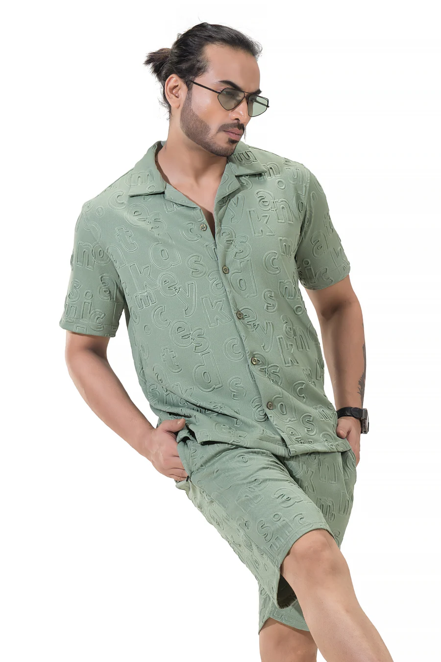Peppy Pair Embossed Olive Half Sleeves Shirt & Shorts Co-Ord Set - Image 7