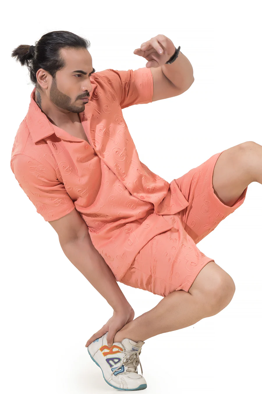 Peppy Pair Embossed Peach Half Sleeves Shirt & Shorts Co-Ord Set - Image 7