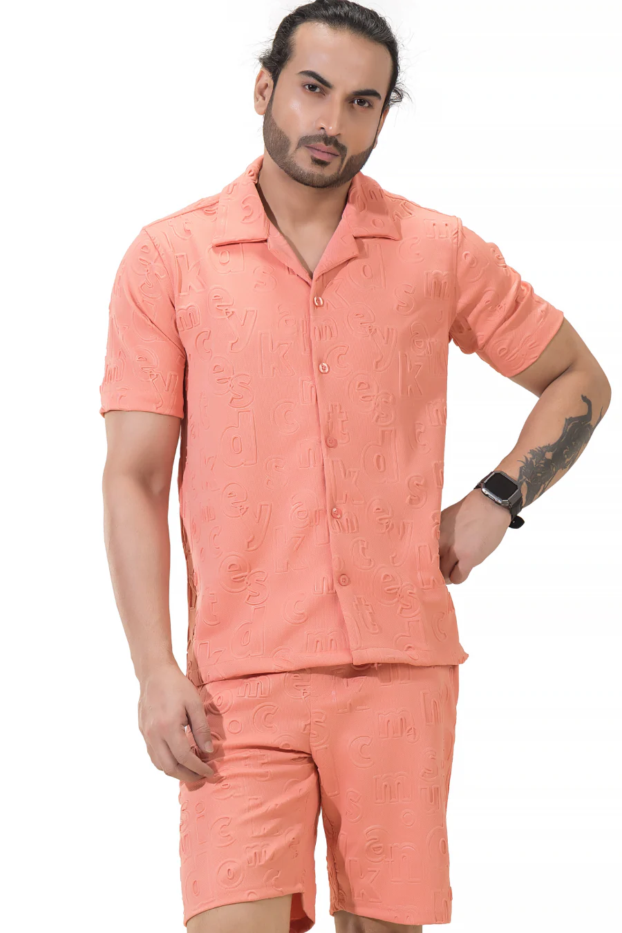 Peppy Pair Embossed Peach Half Sleeves Shirt & Shorts Co-Ord Set - Image 8