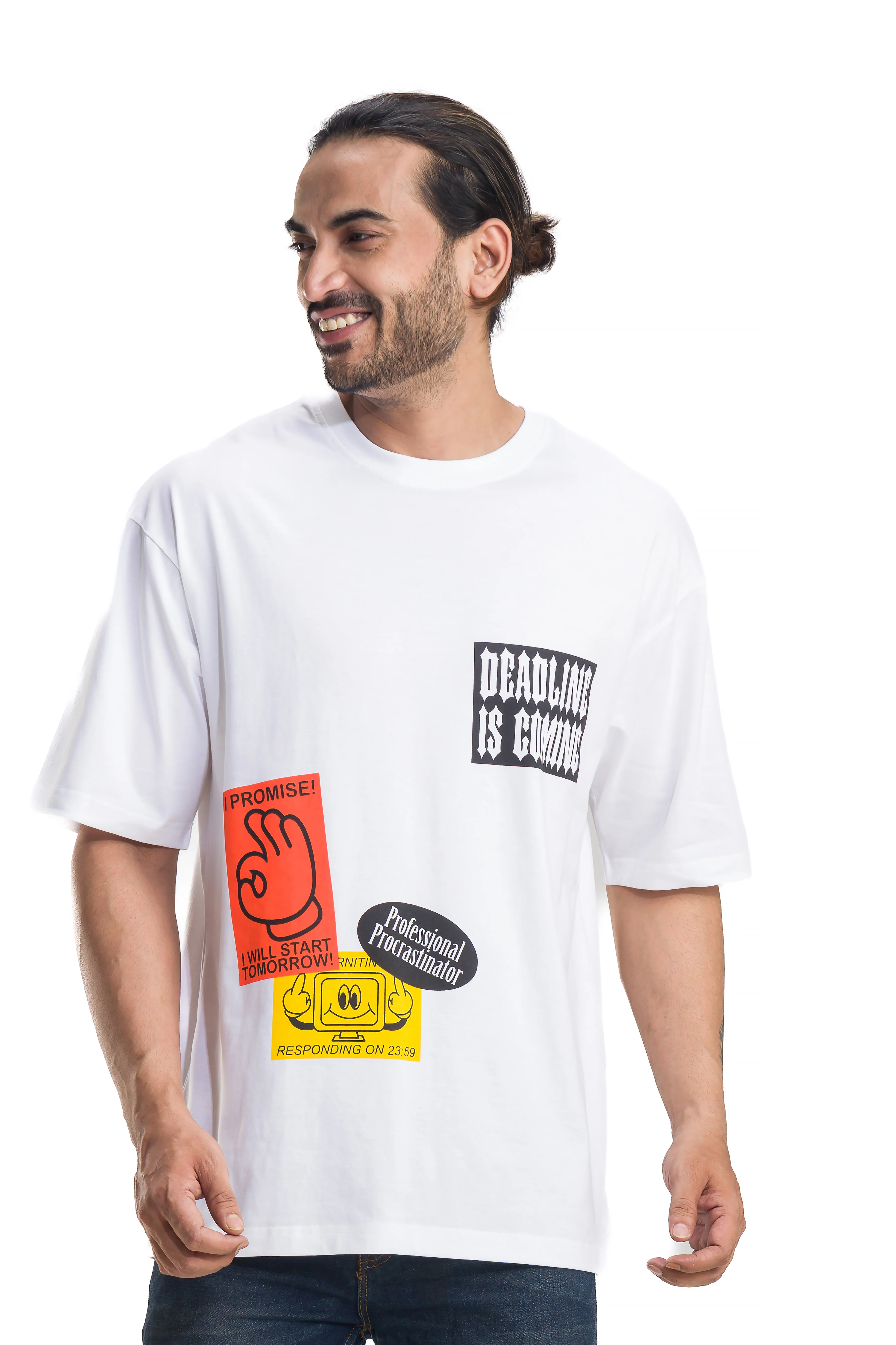 Procrastinator White Unisex Oversized Printed T-Shirt - Image 4