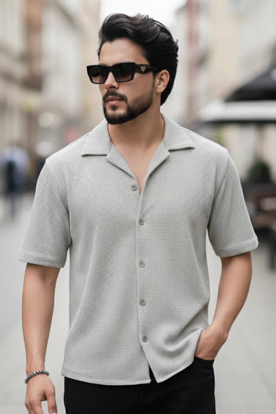 Radiant Revelry Solid Grey Cuban Collared Half Shirt - Image 5