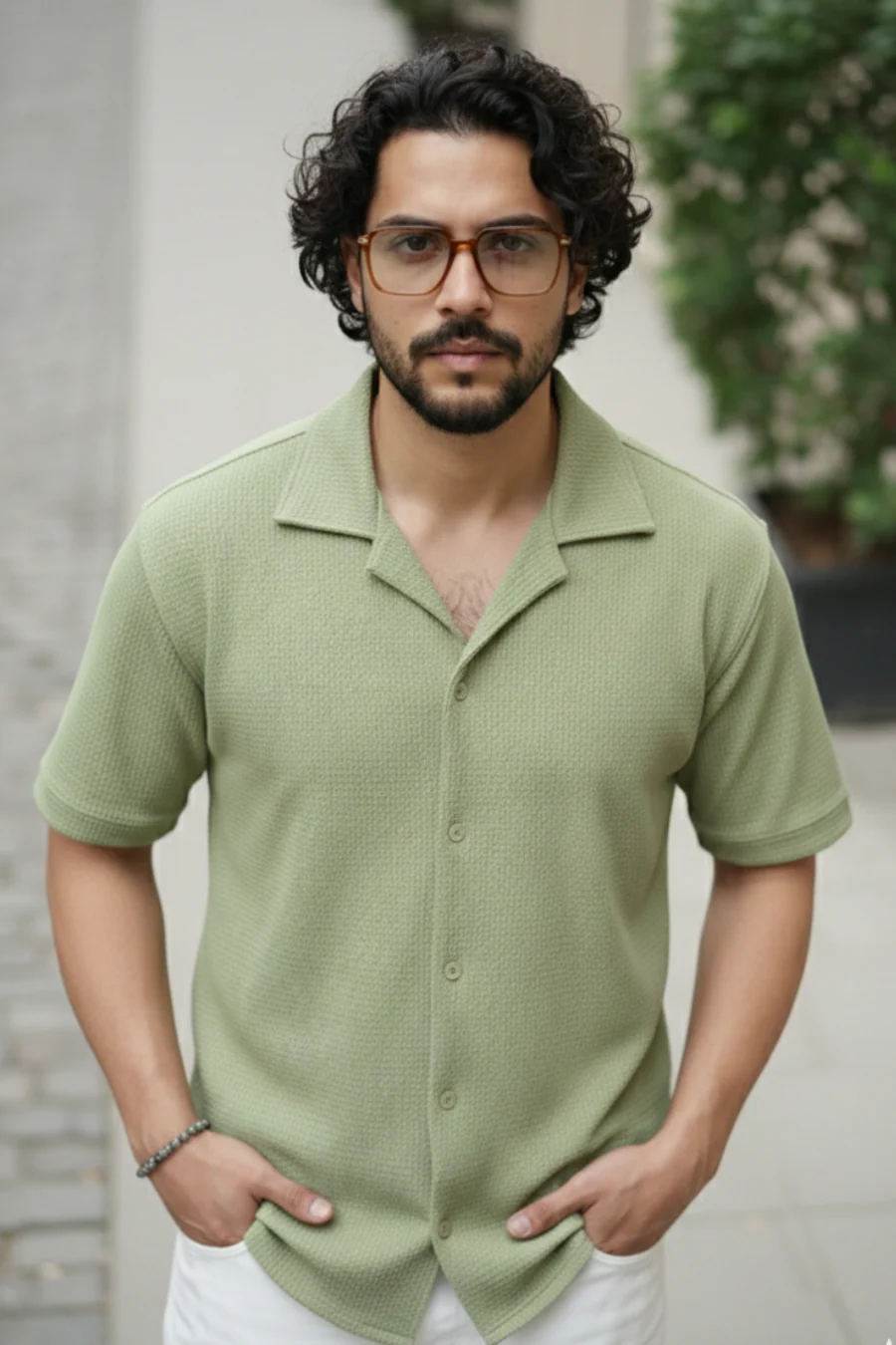 Radiant Revelry Solid Light Olive Cuban Collared Half Shirt - Image 5