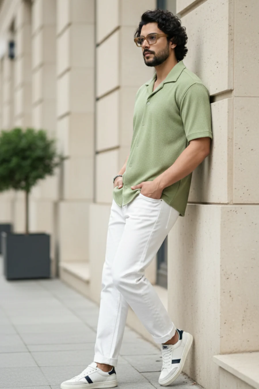 Radiant Revelry Solid Light Olive Cuban Collared Half Shirt - Image 6