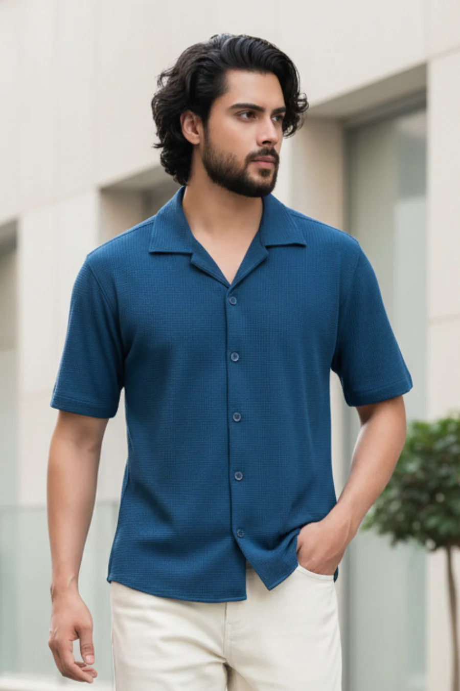 Radiant Revelry Solid Teal Blue Cuban Collared Half Shirt