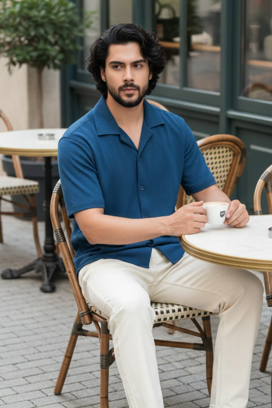 Radiant Revelry Solid Teal Blue Cuban Collared Half Shirt - Image 3
