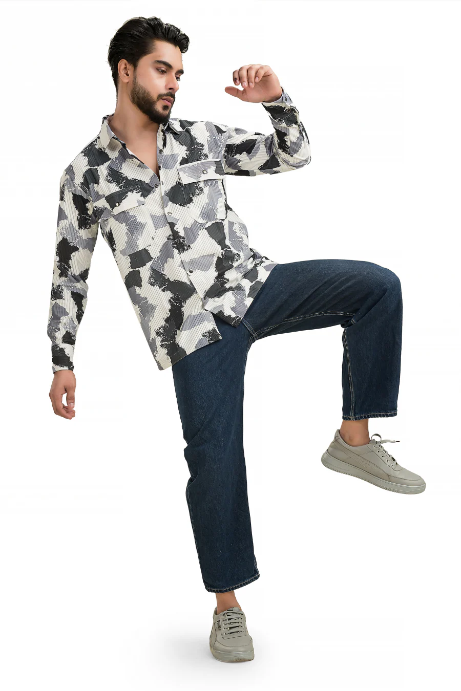 Regal Wave White & Black Printed Corduroy Full Sleeves Shacket - Image 6