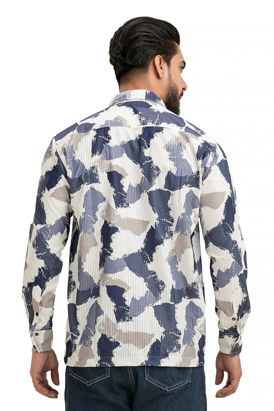 Regal Wave White & Blue Printed Corduroy Full Sleeves Shacket - Image 3