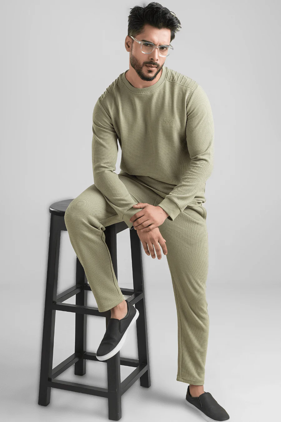 Sage Green Waffle Knit Structured Co-Ord Set | Full T-Shirt & Pant - Image 7