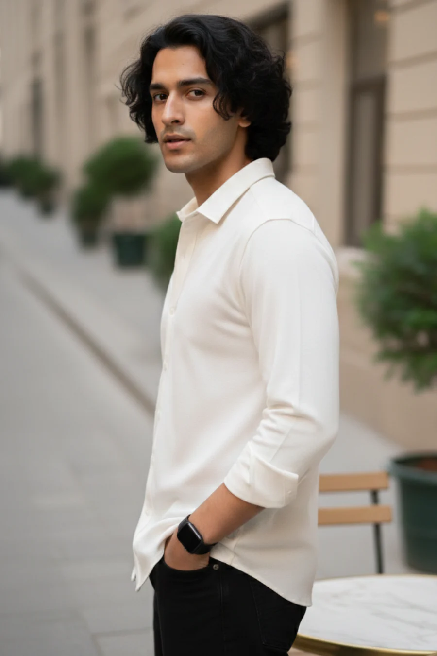 Signature White Solid Mercerised Piqué Cotton Shirt - Image 5