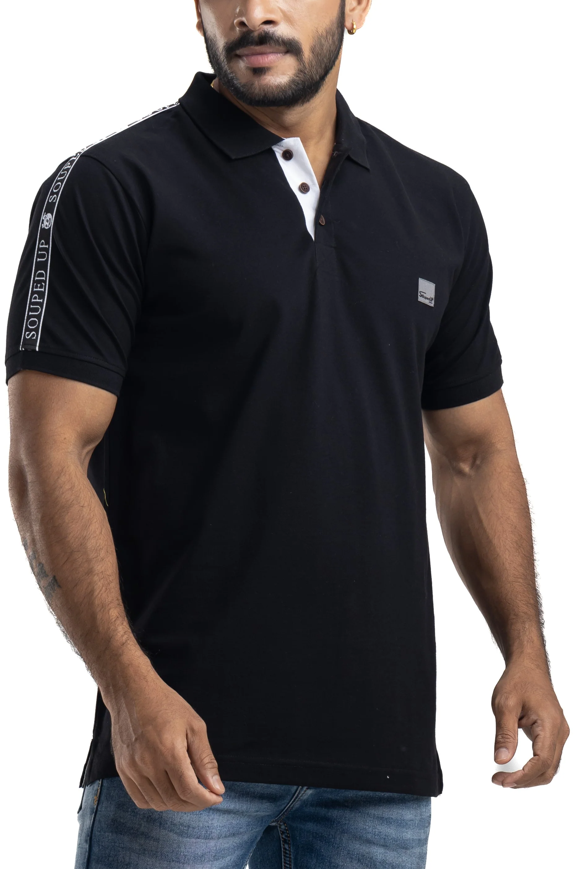 Solid Black Half Sleeves Cotton Polo T-Shirt - Image 3