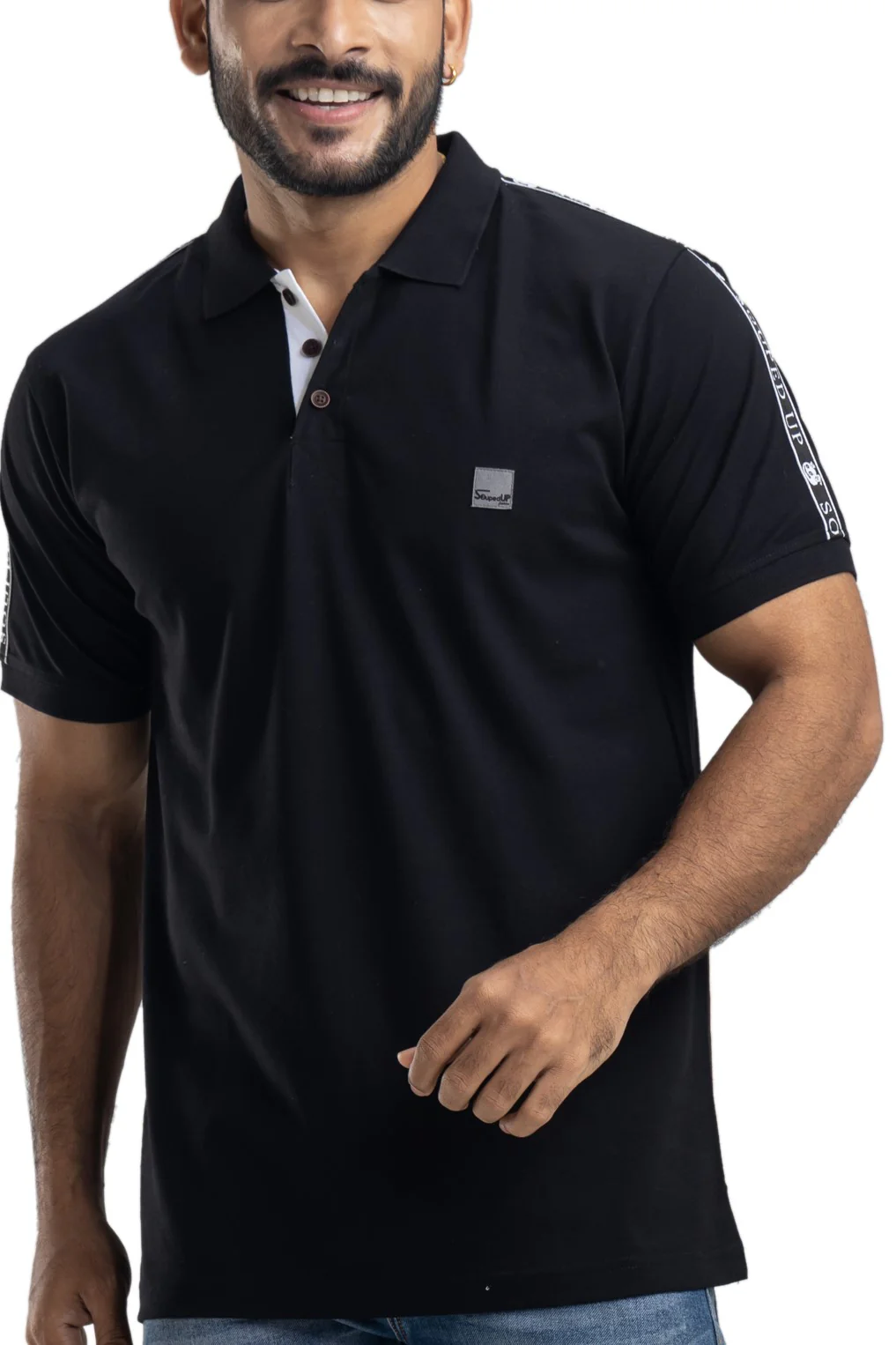 Solid Black Half Sleeves Cotton Polo T-Shirt - Image 4