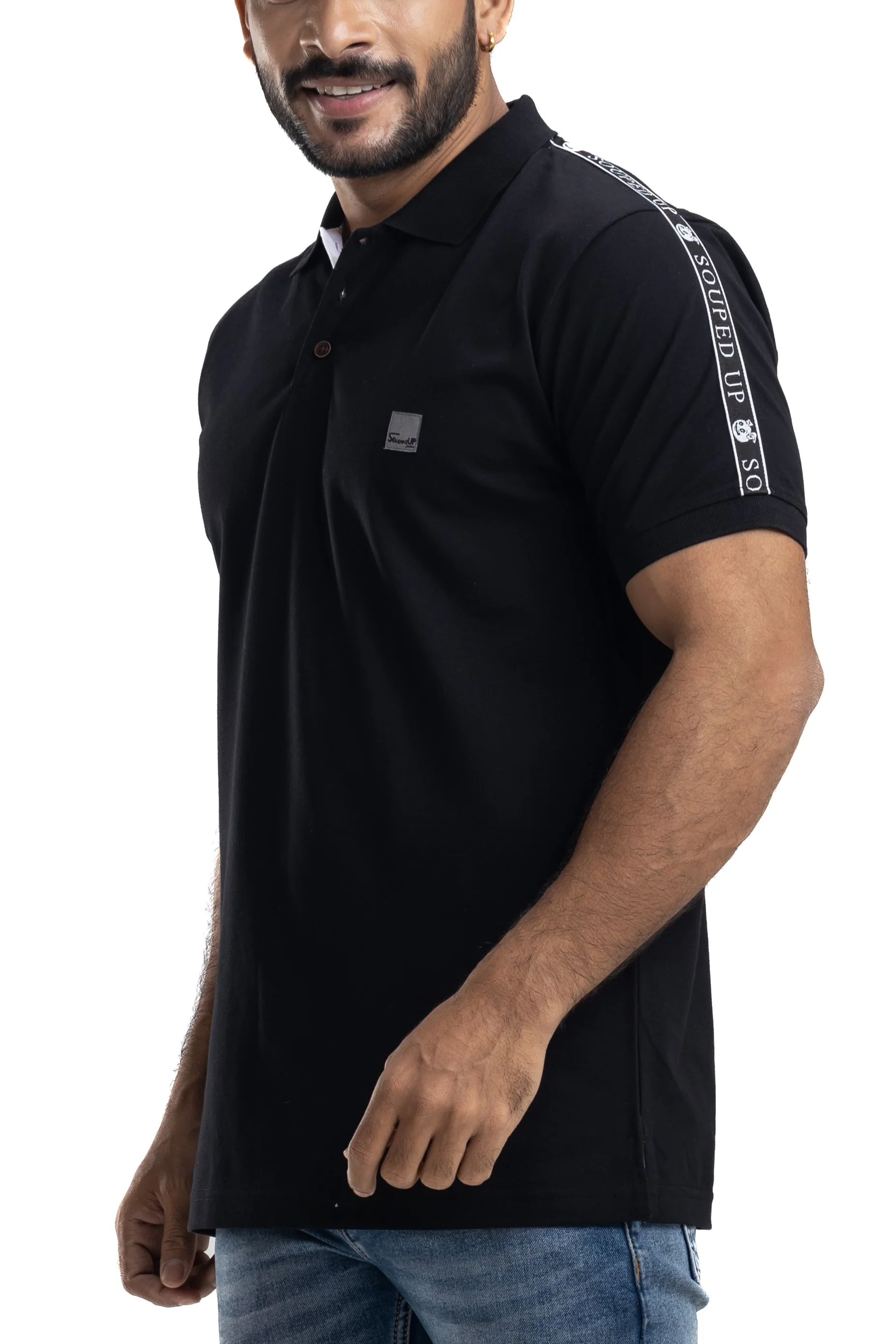 Solid Black Half Sleeves Cotton Polo T-Shirt - Image 7