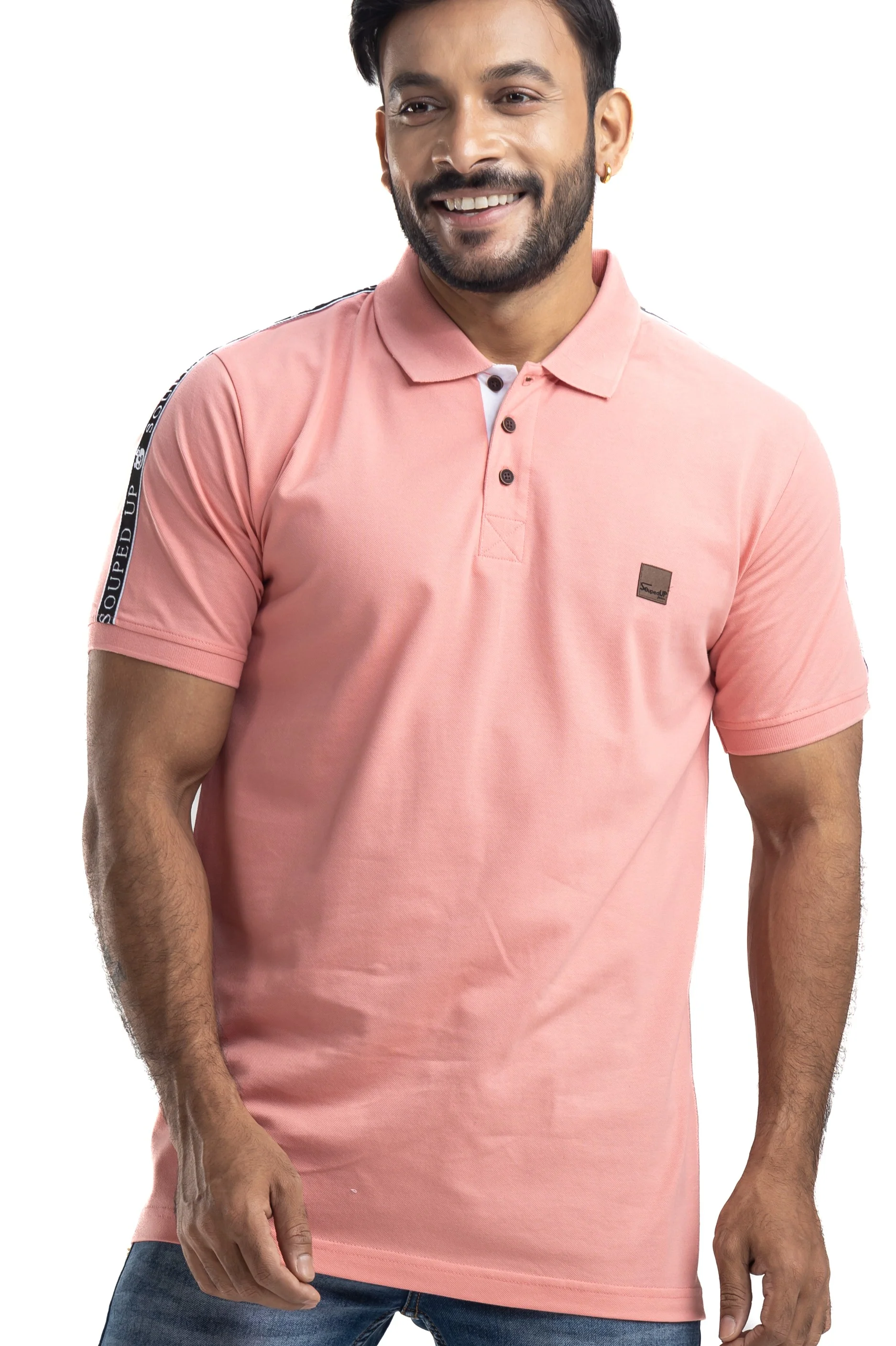 Solid Peach Half Sleeves Cotton Polo T-Shirt - Image 5