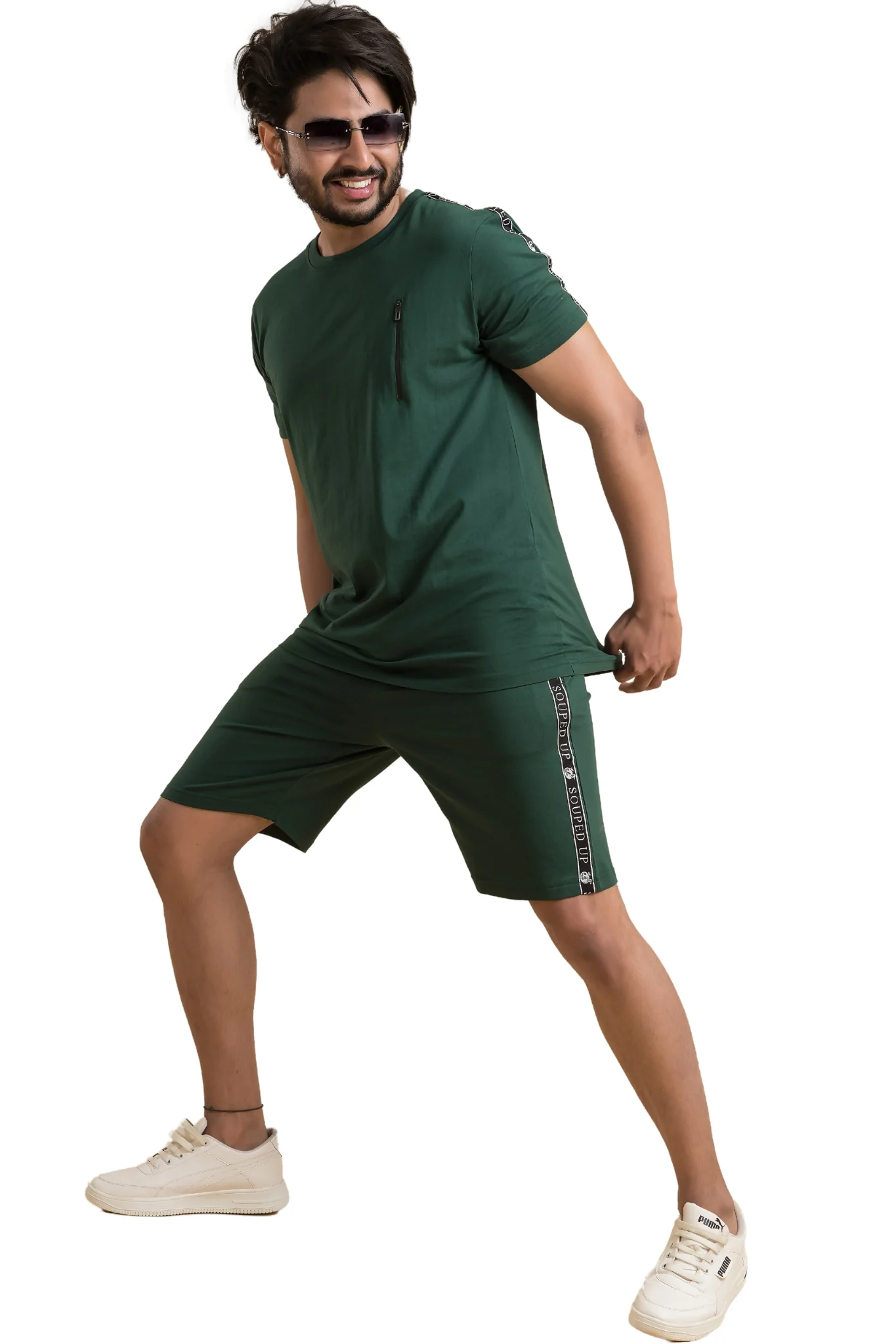 Souped Up Bottle Green Co-Ord Set - Half Sleeves T-Shirt with Shorts - Image 3
