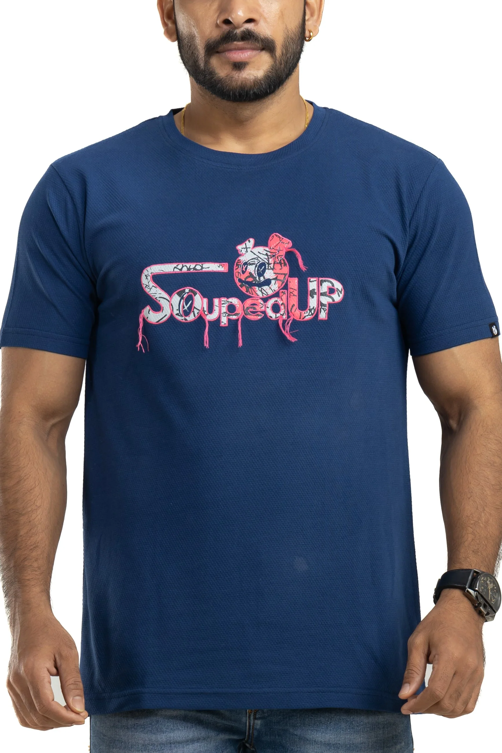 Souped Up Navy Printed & Embroidered T-Shirt - Image 4