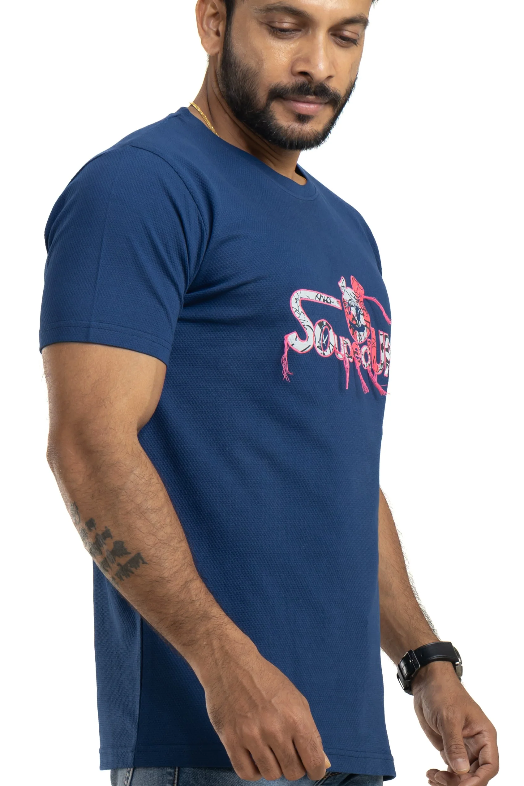 Souped Up Navy Printed & Embroidered T-Shirt - Image 6