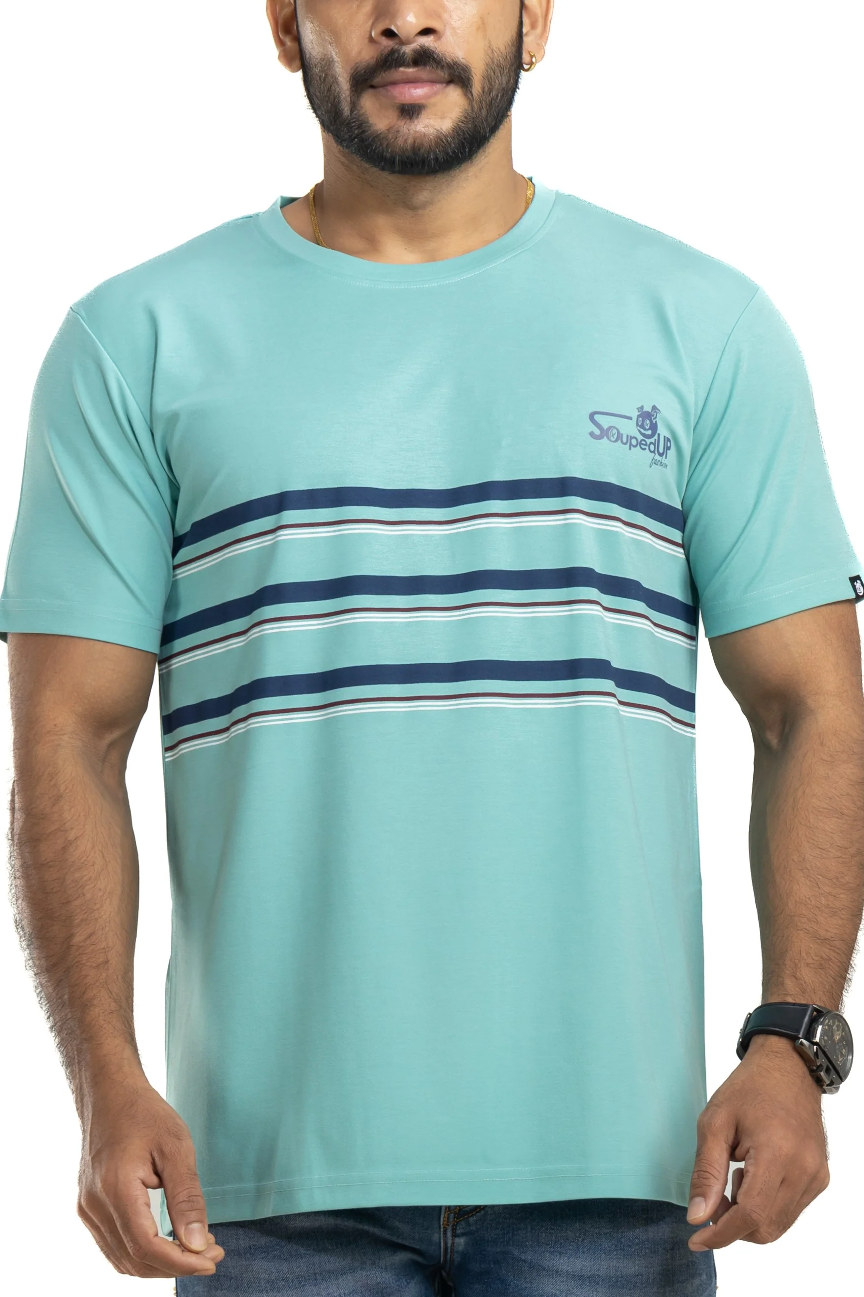 Striped Sea Green 4 Way Stretch Printed T-Shirt - Image 4