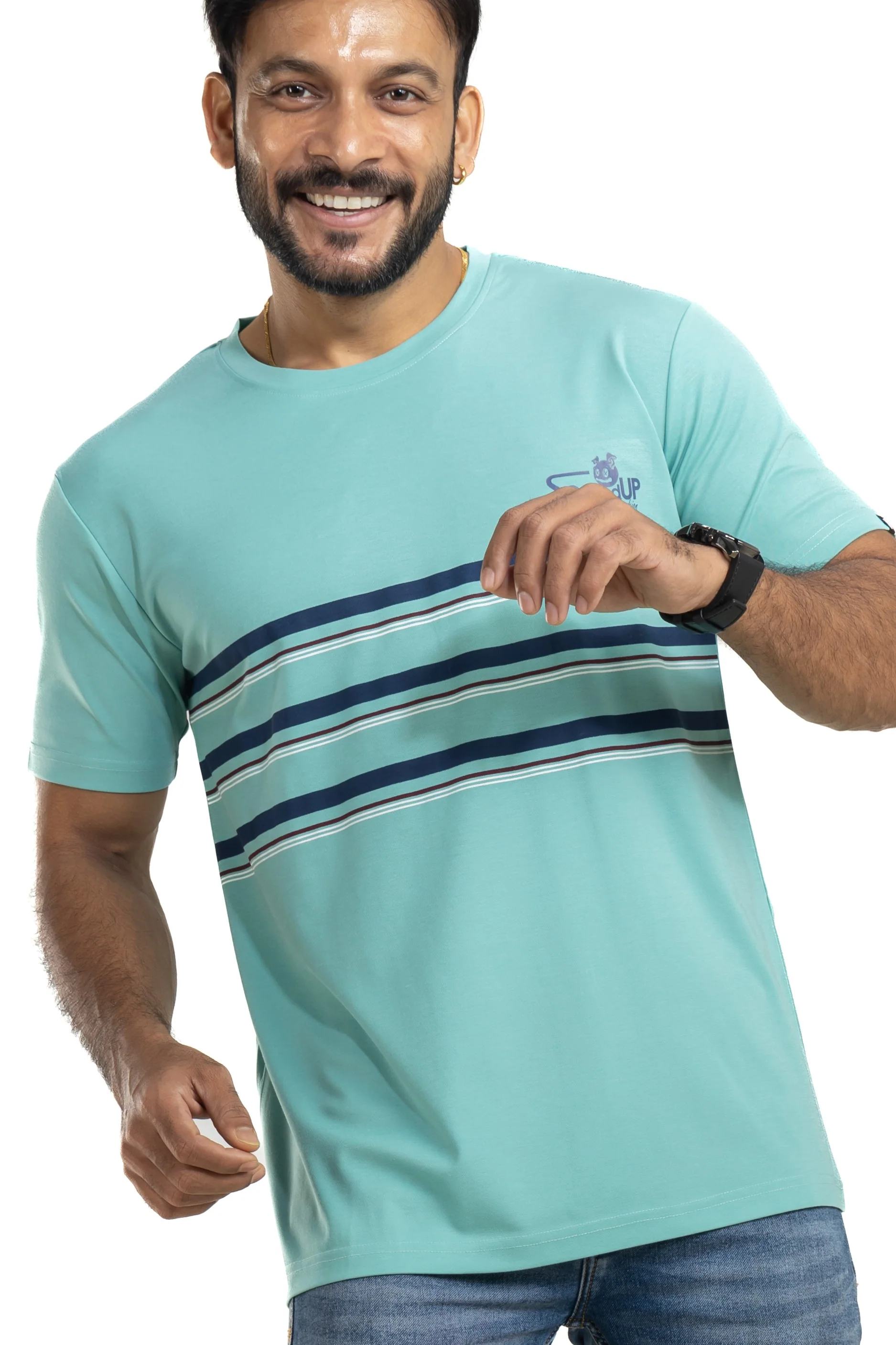 Striped Sea Green 4 Way Stretch Printed T-Shirt - Image 5