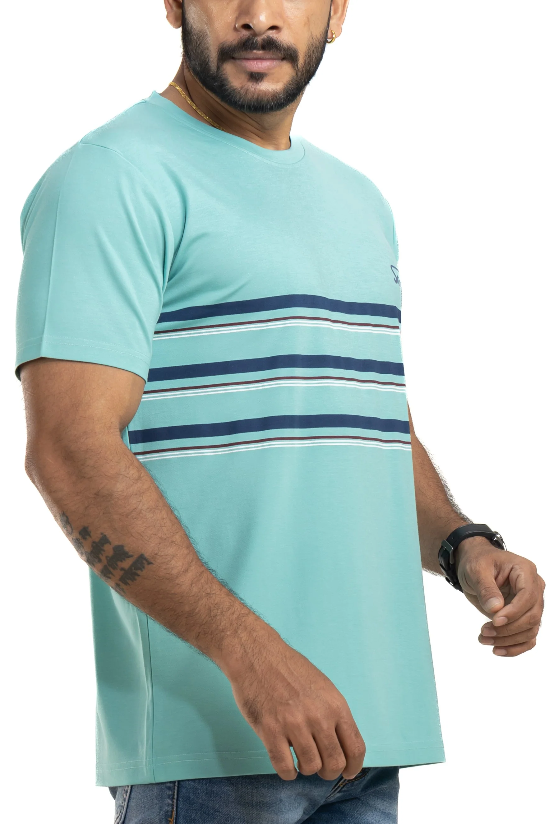 Striped Sea Green 4 Way Stretch Printed T-Shirt - Image 6