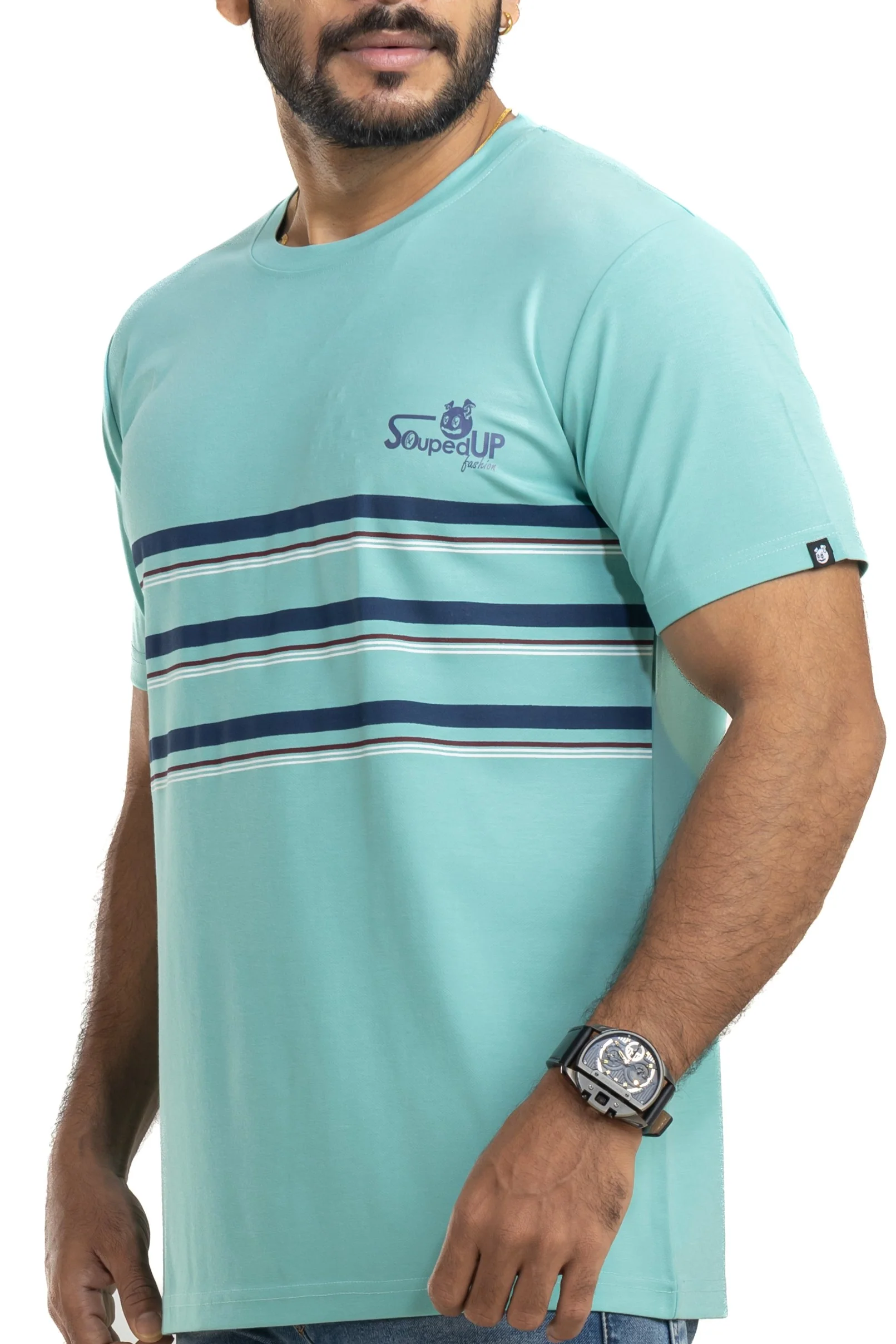 Striped Sea Green 4 Way Stretch Printed T-Shirt - Image 7