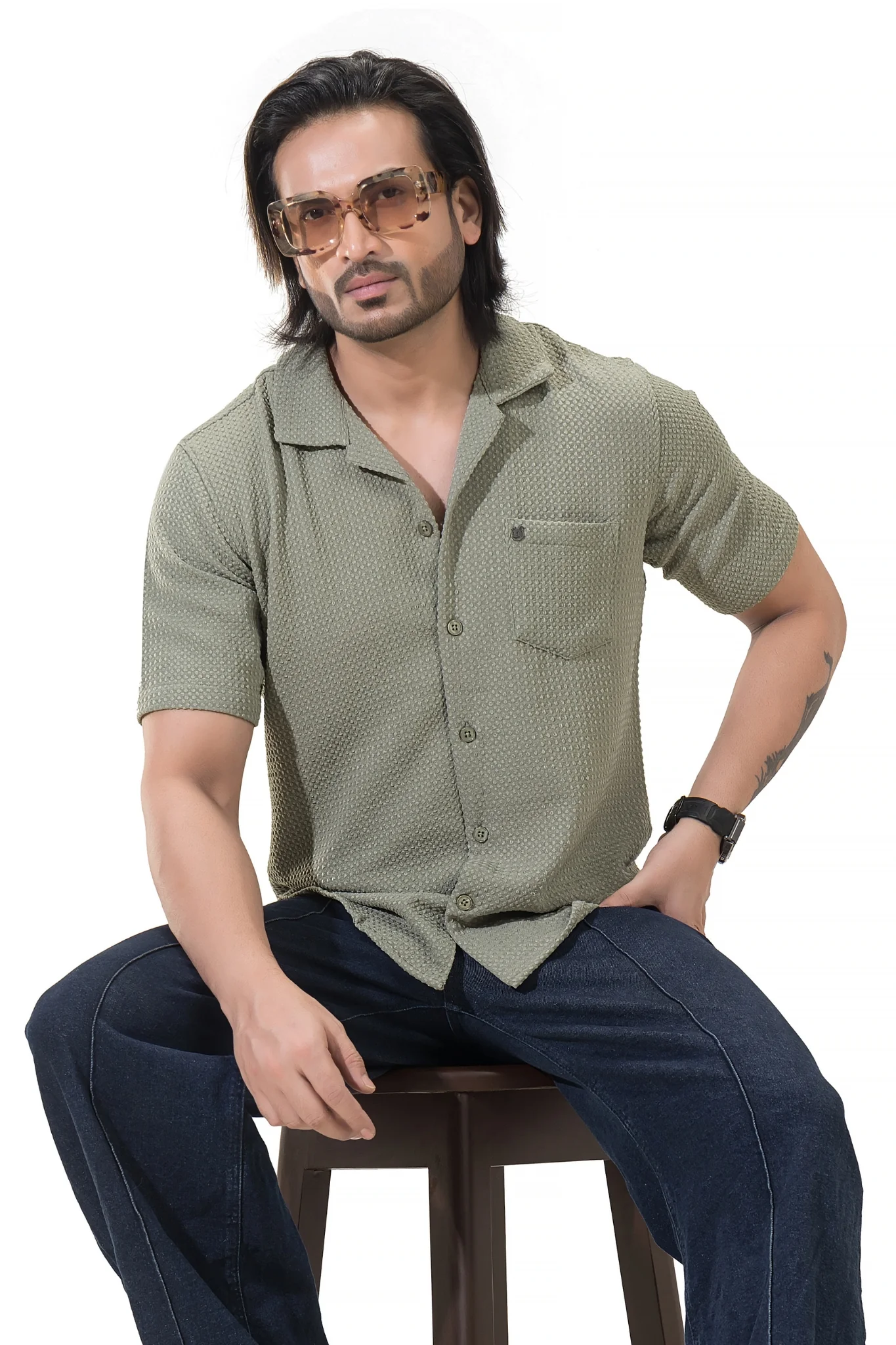 Sublime Solid Olive Half Sleeves Shirt - Image 4