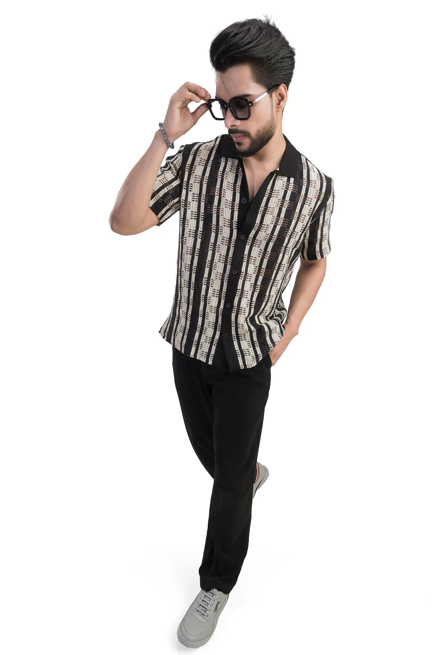 Summit White & Black Striped Cotton Jacquard Half Shirt - Image 5