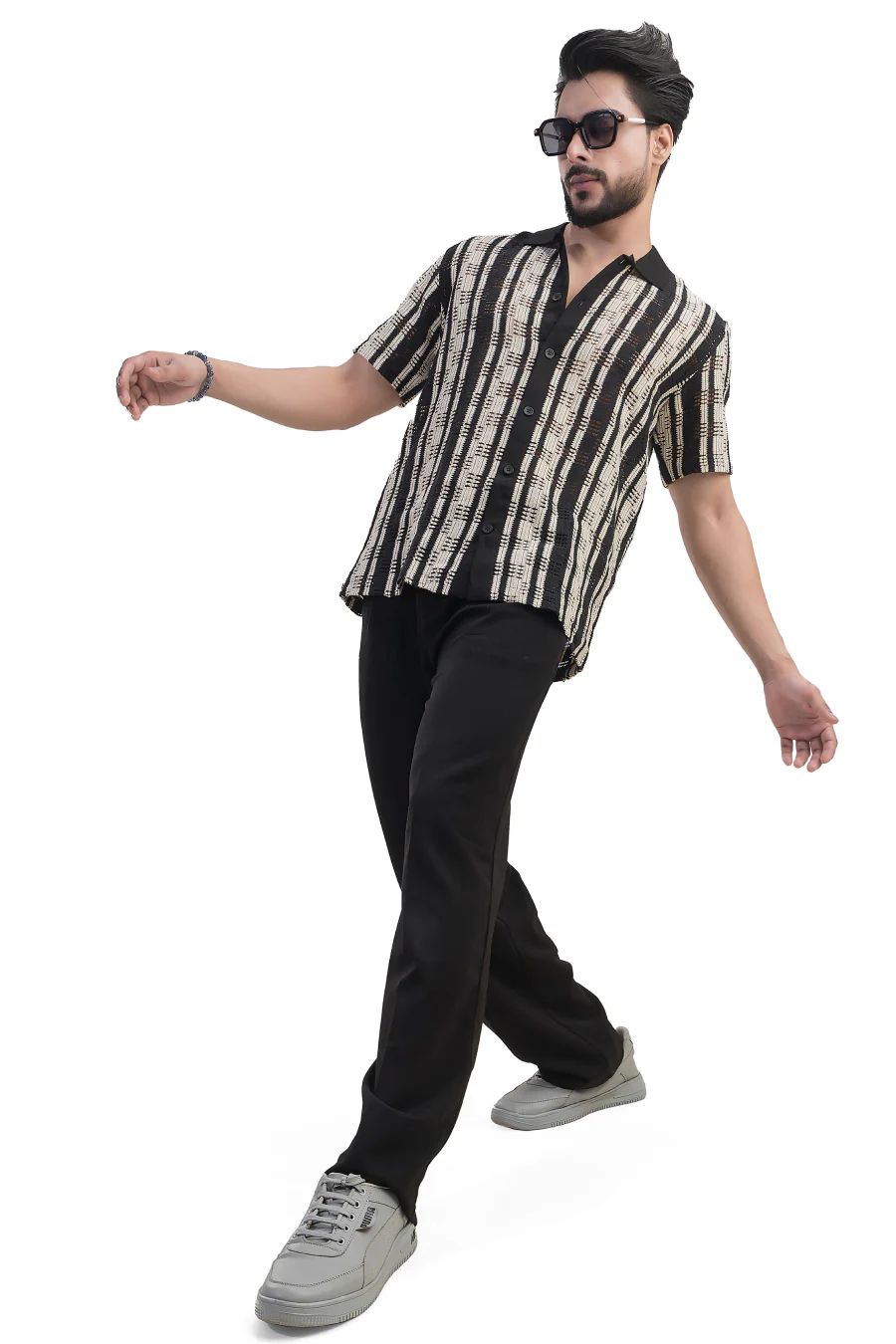 Summit White & Black Striped Cotton Jacquard Half Shirt - Image 6