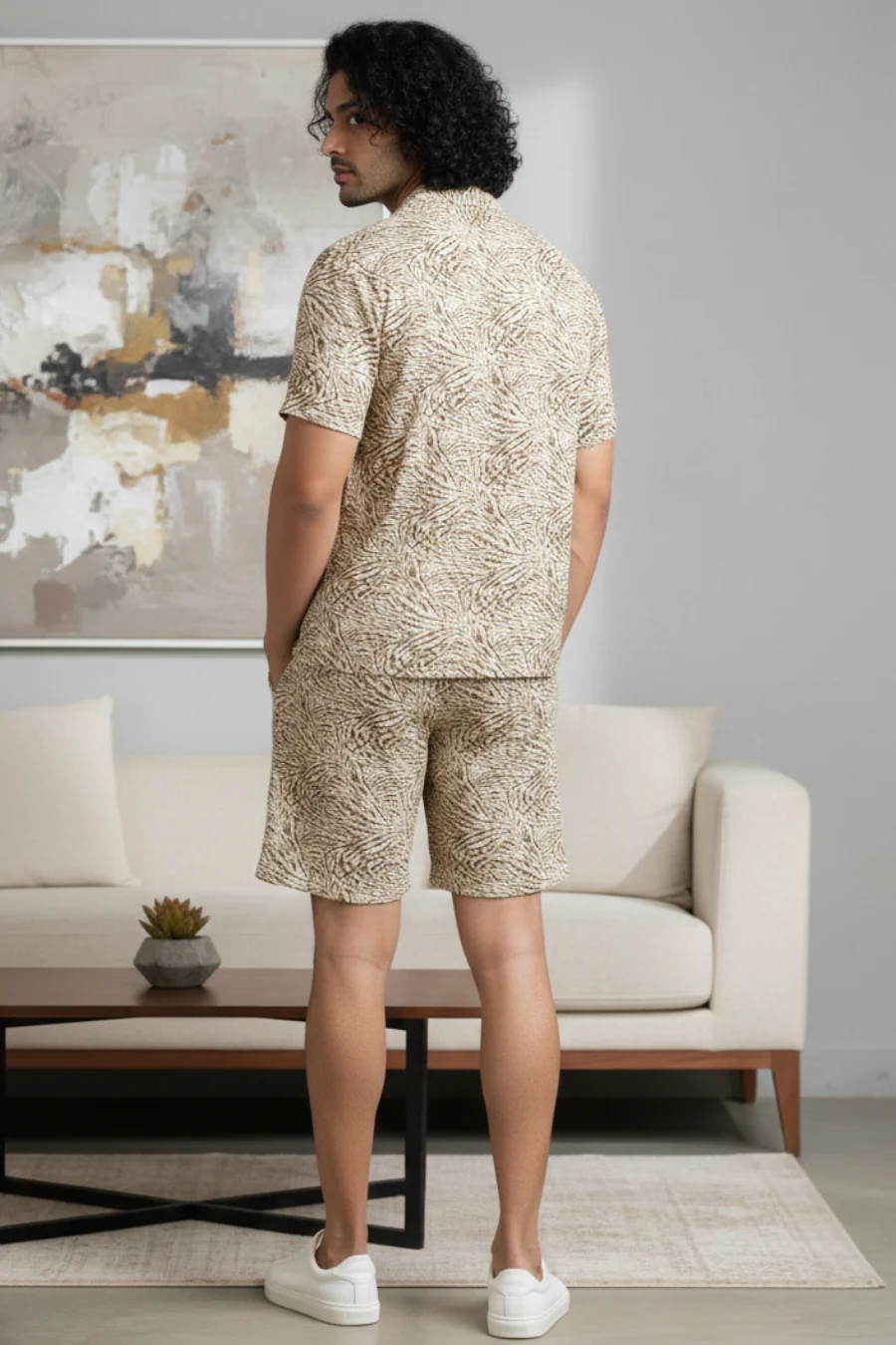 Tropic Vibes Dark Cream Co-Ord Set – All Over Printed Half Shirt & Shorts - Image 2