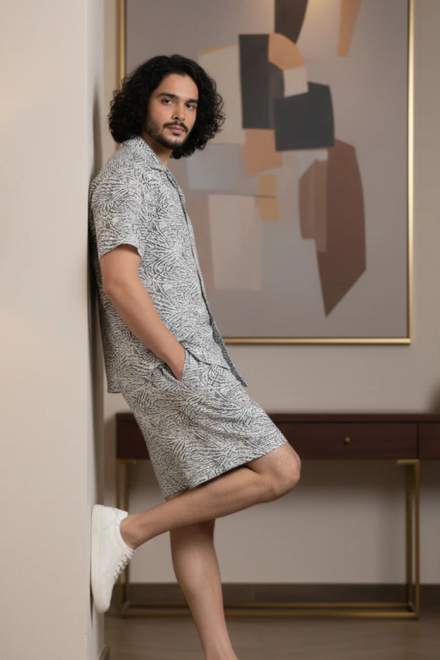 Tropic Vibes Grey Co-Ord Set – All Over Printed Half Shirt & Shorts - Image 3