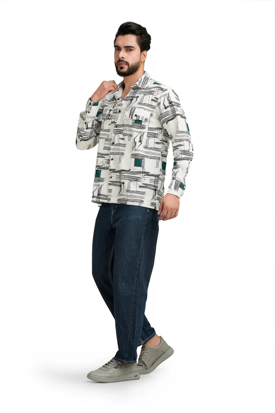 Urban Quill White & Green Printed Corduroy Full Sleeves Shacket - Image 6