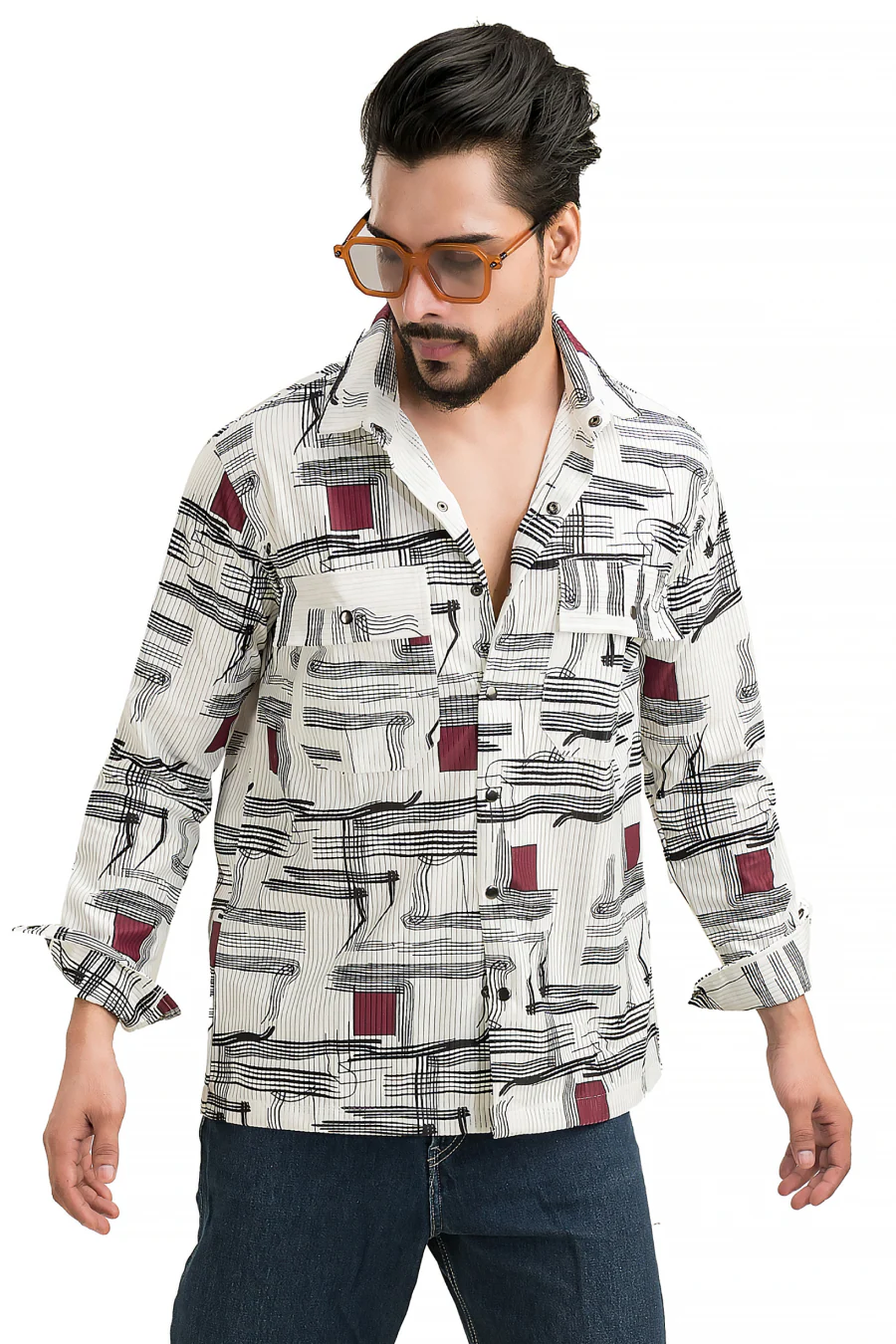 Urban Quill White & Red Printed Corduroy Full Sleeves Shacket - Image 3