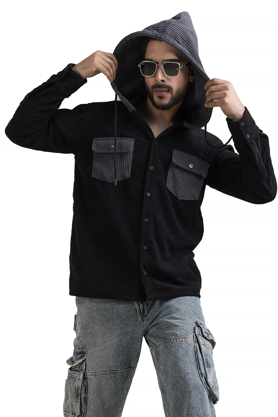Urbanist Black Corduroy Hooded Shacket - Image 7