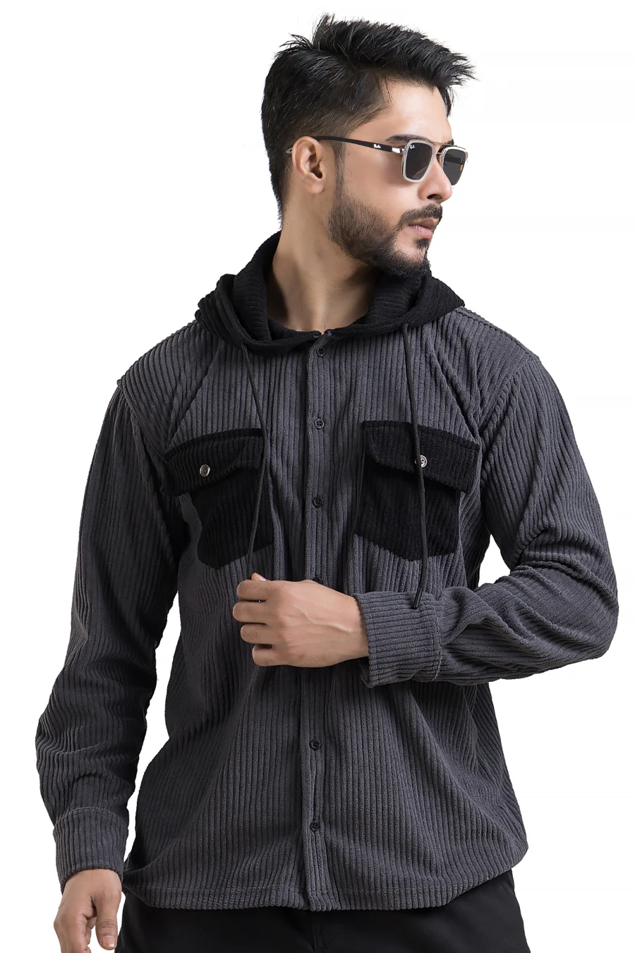Urbanist Grey Corduroy Hooded Shacket - Image 4