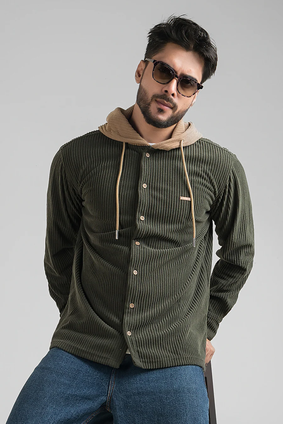 Urbanist Bottlegreen Corduroy Hooded Shacket - Image 3