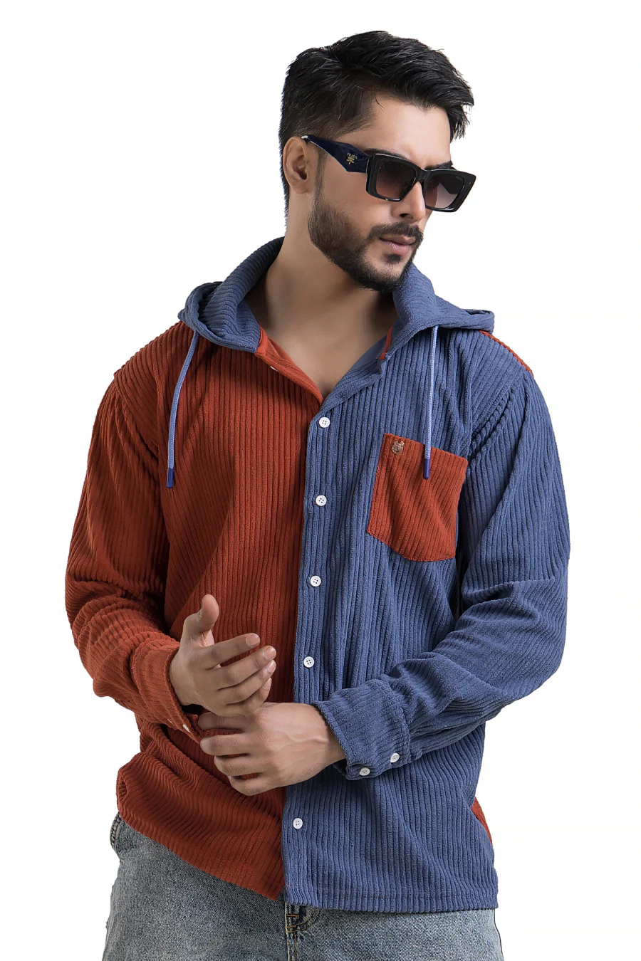 Urbanist Rust & Blue Dual-Color Corduroy Hooded Shacket - Image 5