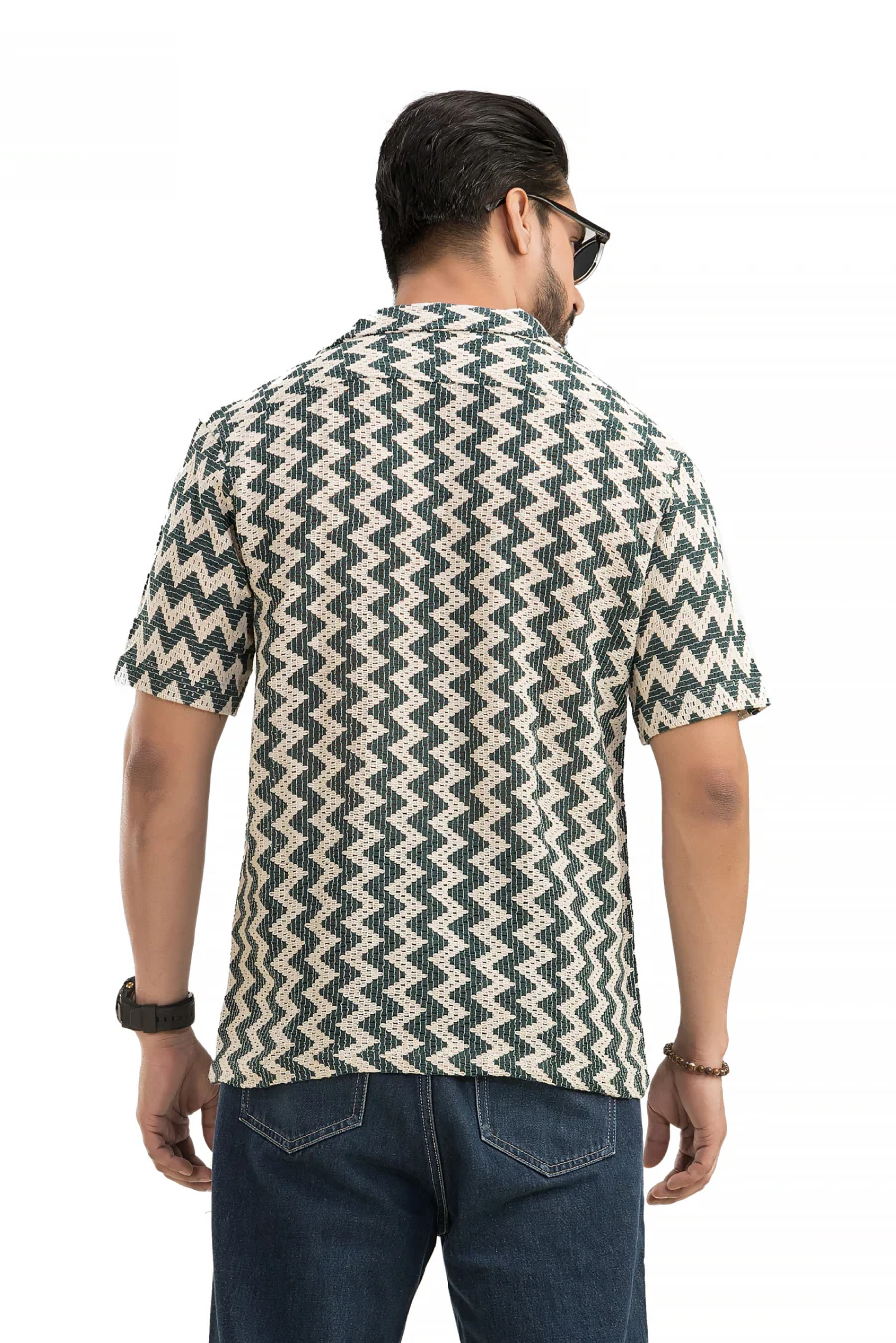 Zigzag Flair Bottlegreen Cuban Collar Cotton Jacquard Shirt - Image 3