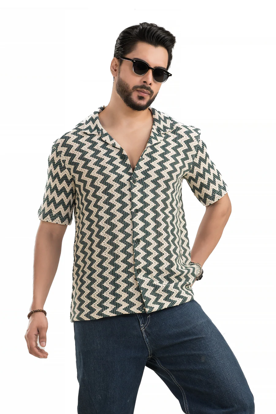 Zigzag Flair Bottlegreen Cuban Collar Cotton Jacquard Shirt - Image 4