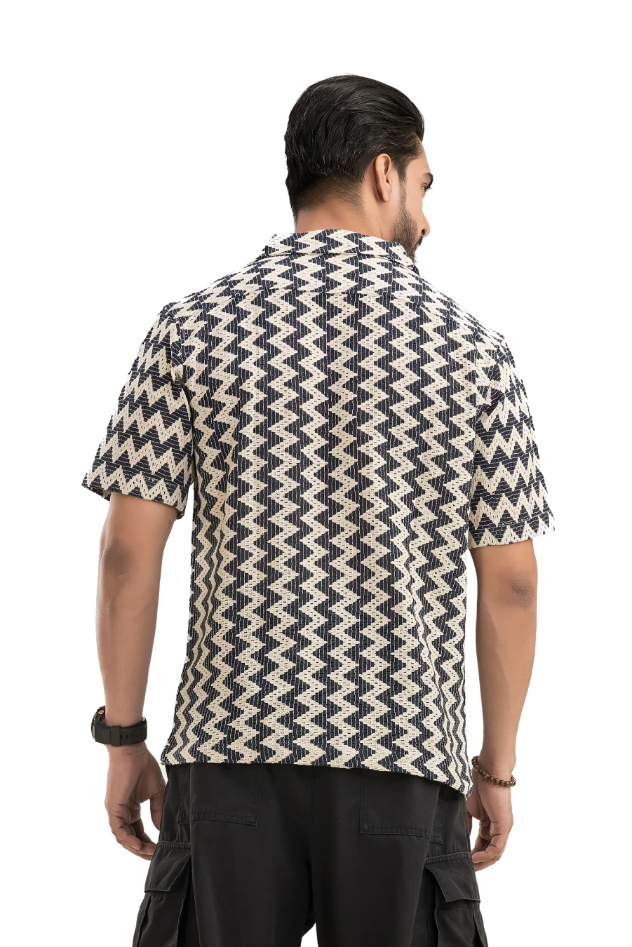 Zigzag Flair Navy Cuban Collar Cotton Jacquard Shirt - Image 3