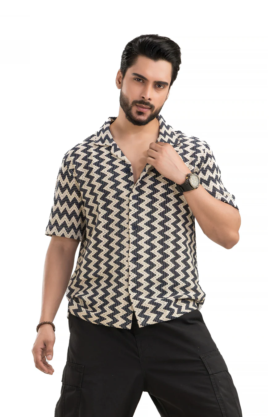 Zigzag Flair Navy Cuban Collar Cotton Jacquard Shirt - Image 4