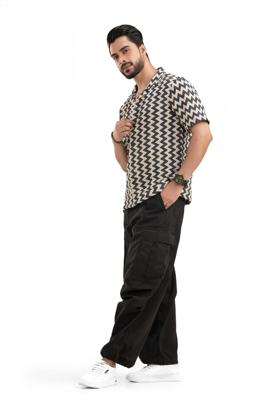 Zigzag Flair Navy Cuban Collar Cotton Jacquard Shirt - Image 5