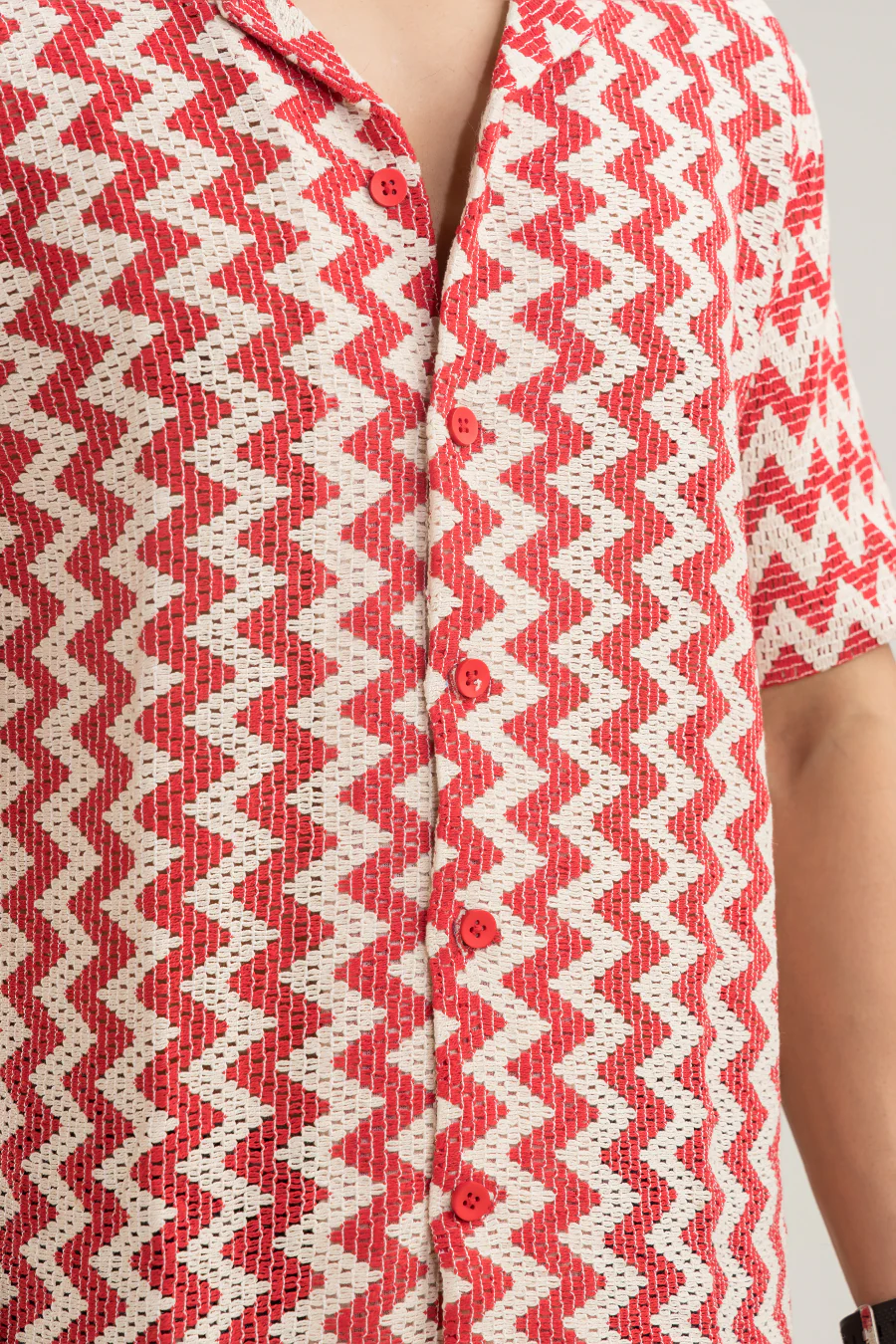 Zigzag Flair Red Cuban Collar Cotton Jacquard Shirt - Image 2