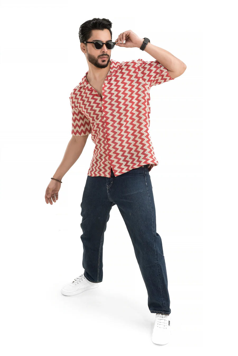 Zigzag Flair Red Cuban Collar Cotton Jacquard Shirt - Image 7